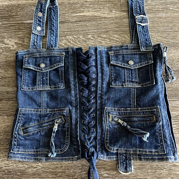 NWOT Jaded London Denim Corset Top Lace-Up Utility Pocket Y2K Jean Bustier US 6 - Picture 4 of 16